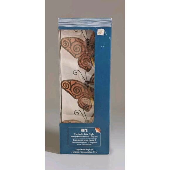 Pier 1 Umbrella Pole Light Battery Op 5Ft Cord 3 Butterfly Lights 6 Hr Timer NIB - Picture 1 of 7
